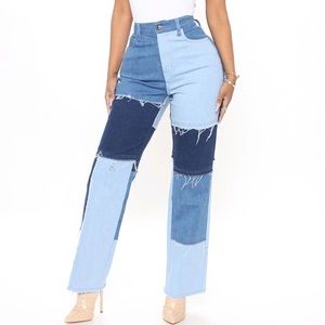 NWT Fashion Nova- Meant To Be Patchwork Straight Leg Jeans - Medium Blue Wash